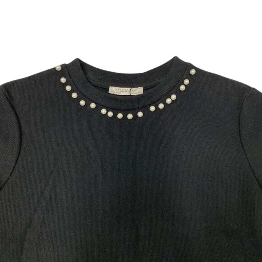 Zara Trafaluc Black Pearl-Embellished Ribbed Knit Sweater Top - Picture 3 of 6